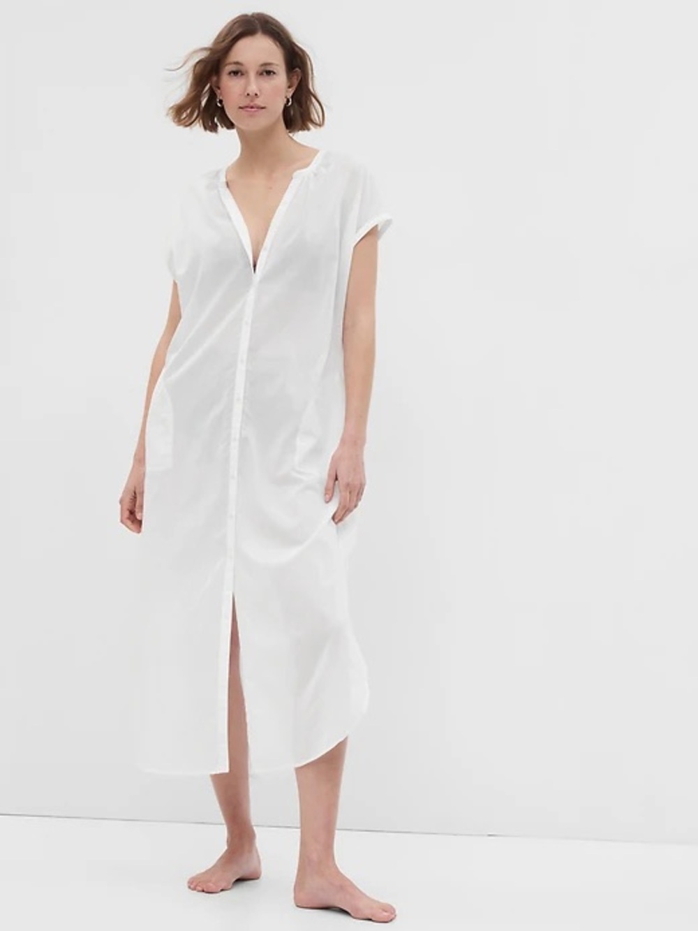 Gap Sz S Voile Dolman White Button Front Midi Shirt Dress